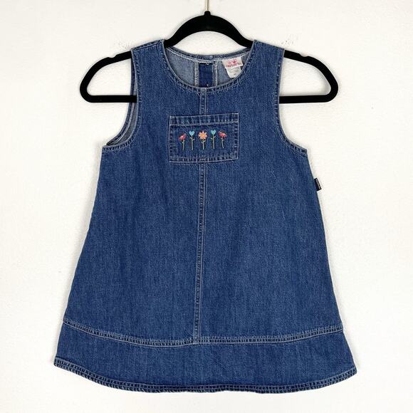 Vintage Carters Jumper Dress Denim Jean Cotton Embroidered Floral Hearts 6X - Picture 1 of 7